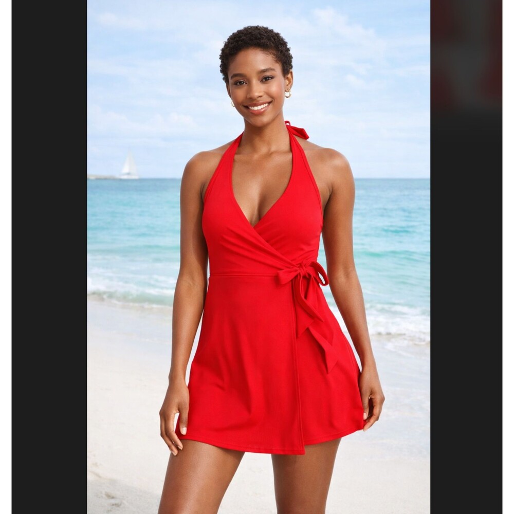 J. Crew Halter Wrap Swim Dress 10 Red Modest One Piece Swimsuit Swimwear Resort